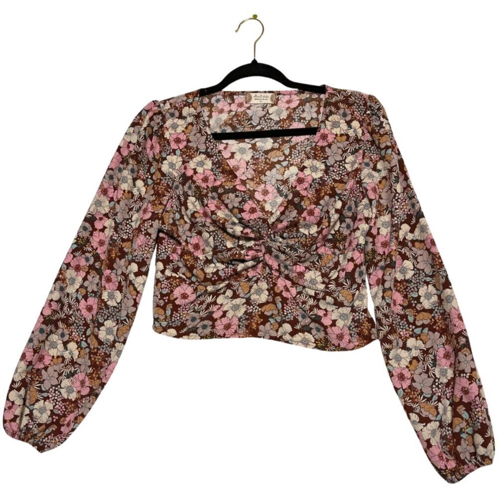 Altar’d State Floral Twist Front Cropped Blouse Long Sleeve V-neck Size M